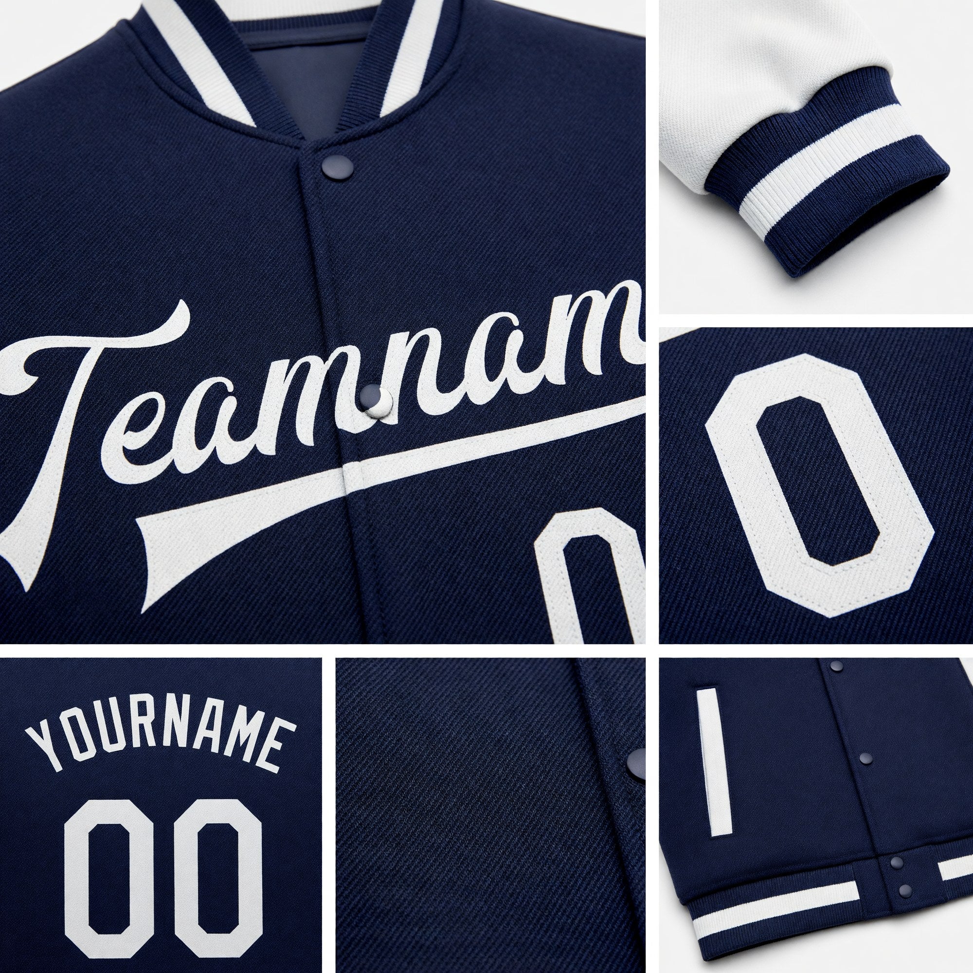 Custom Navy White Bomber Full-Snap Varsity Letterman Two Tone Jacket detail