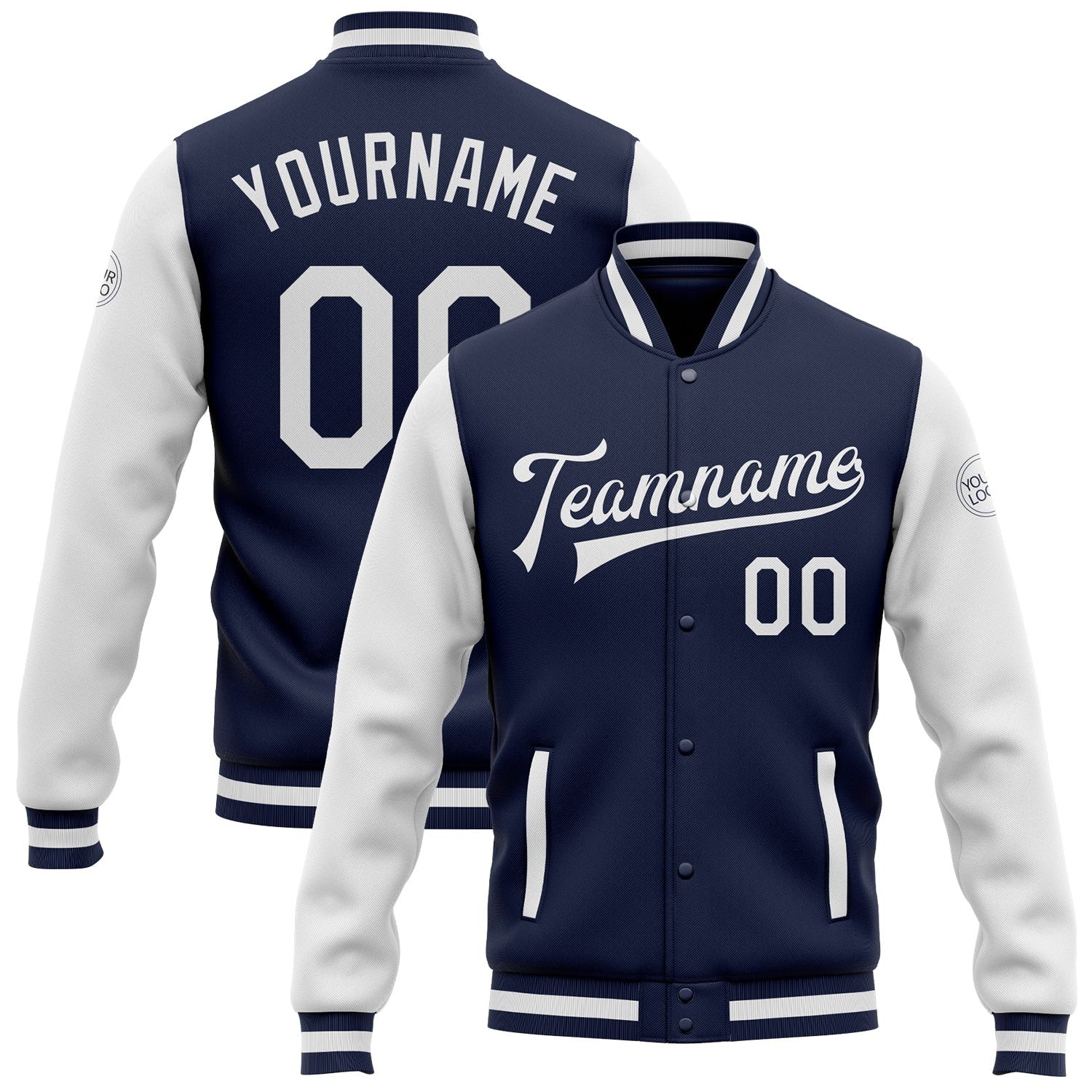 Custom Navy White Bomber Full-Snap Varsity Letterman Two Tone Jacket photo 1