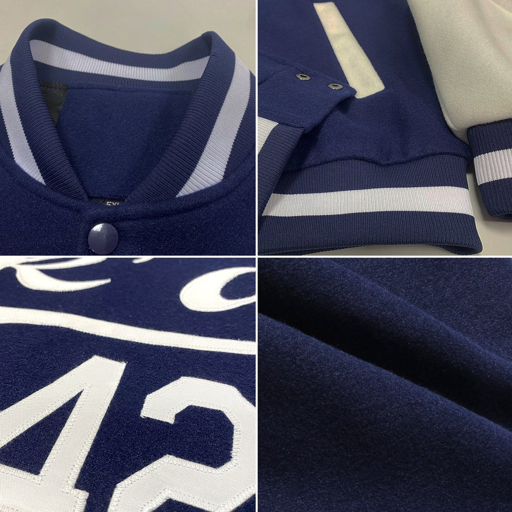 Custom Navy White Bomber Full-Snap Varsity Letterman Two Tone Jacket photo 4