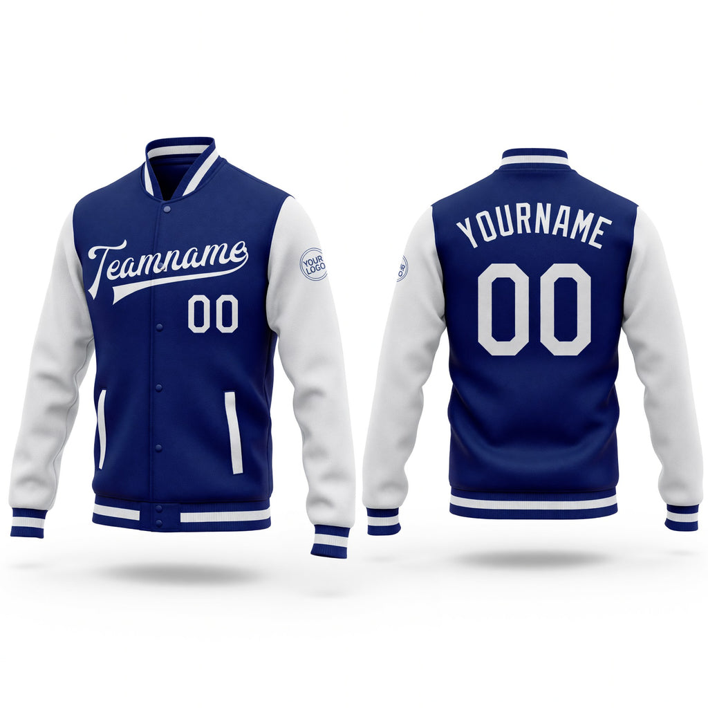 Custom Royal White Bomber Full-Snap Varsity Letterman Two Tone Jacket