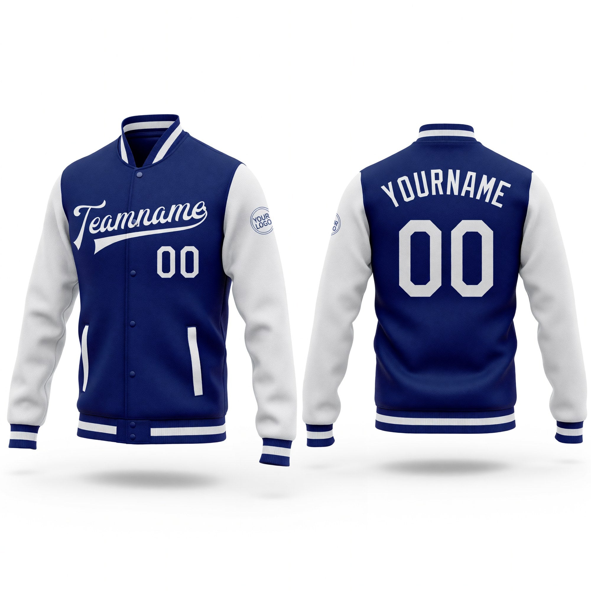 Custom Royal White Bomber Full-Snap Varsity Letterman Two Tone Jacket