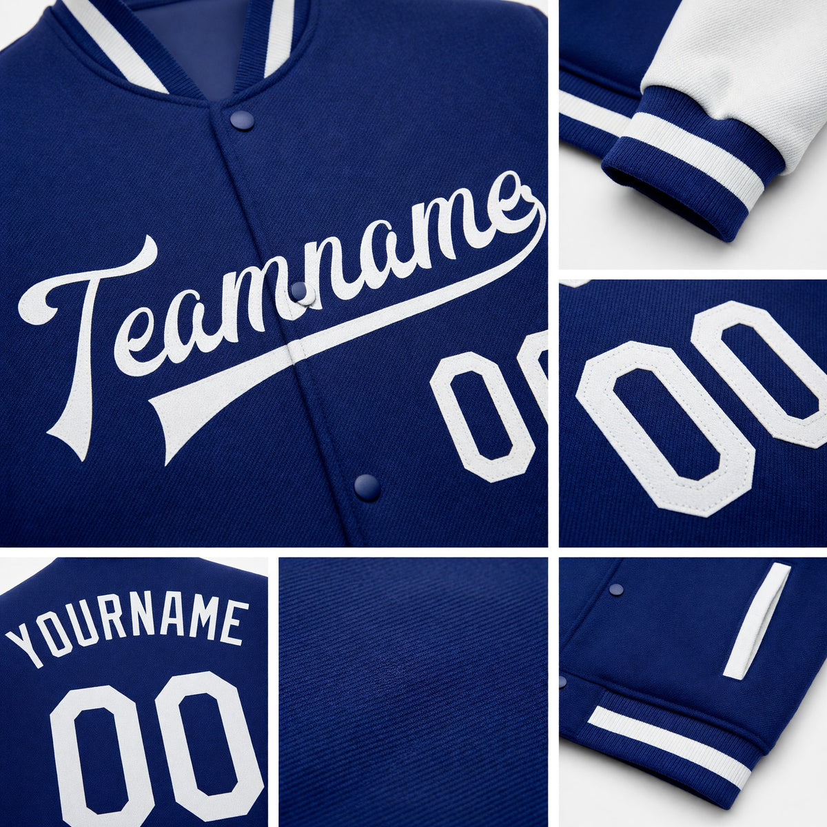 Custom Royal White Bomber Full-Snap Varsity Letterman Two Tone Jacket detail