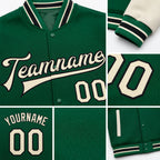 Custom Kelly Green Cream-Black Bomber Full-Snap Varsity Letterman Two Tone Jacket detail