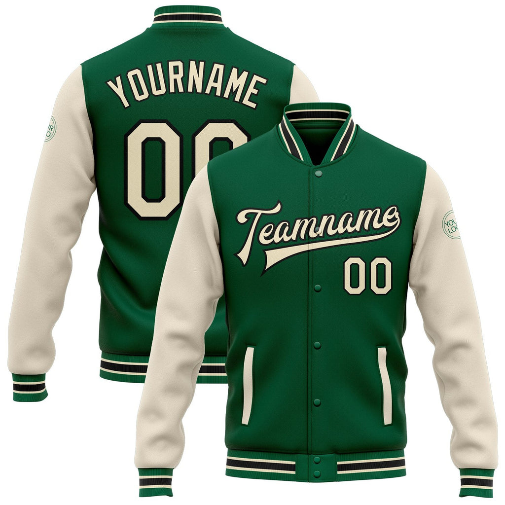 Custom Kelly Green Cream-Black Bomber Full-Snap Varsity Letterman Two Tone Jacket photo 1