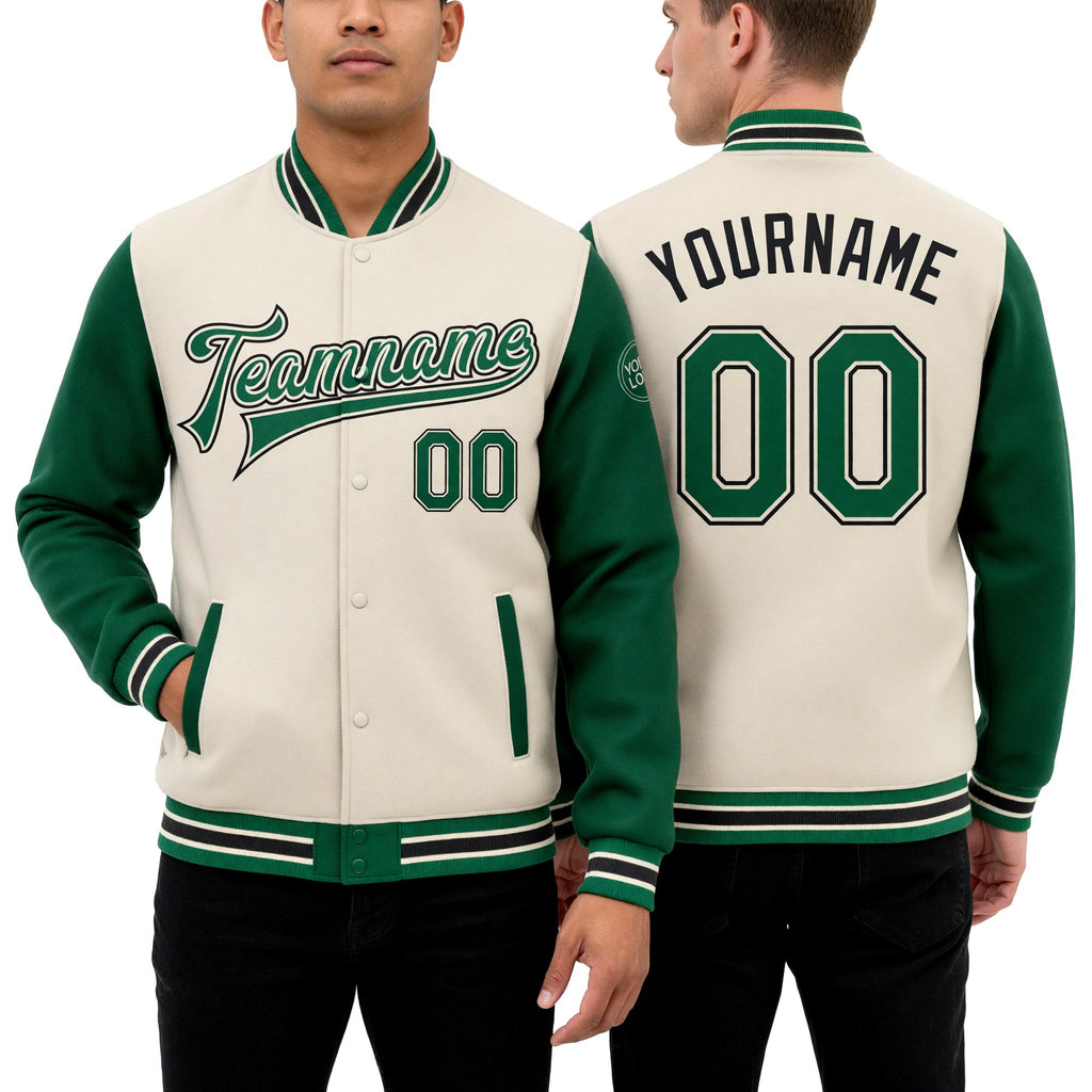 Custom Cream Kelly Green-Black Bomber Full-Snap Varsity Letterman Two Tone Jacket worn front and back