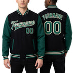 Custom Black Kelly Green-Cream Bomber Full-Snap Varsity Letterman Two Tone Jacket worn front and back