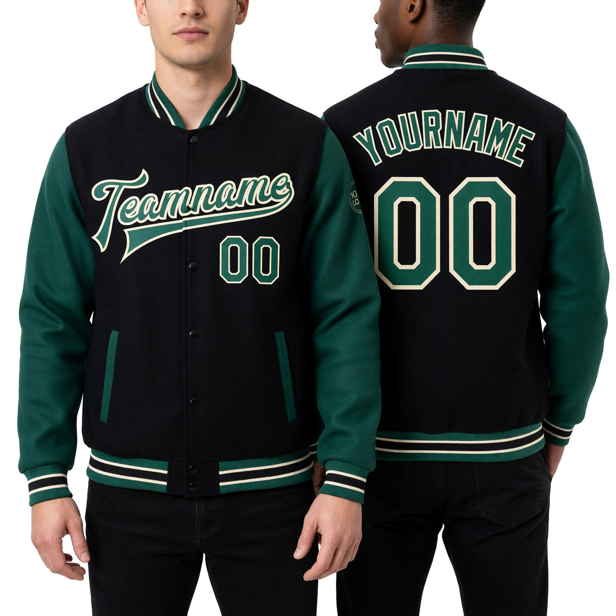 Custom Black Kelly Green-Cream Bomber Full-Snap Varsity Letterman Two Tone Jacket worn front and back