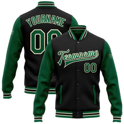 Custom Black Full Snap Bomber Two Tone Varsity Jacket with Kelly Green and Cream Accents Design 0559