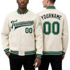 Custom Cream Kelly Green-Black Bomber Full-Snap Varsity Letterman Jacket worn front and back
