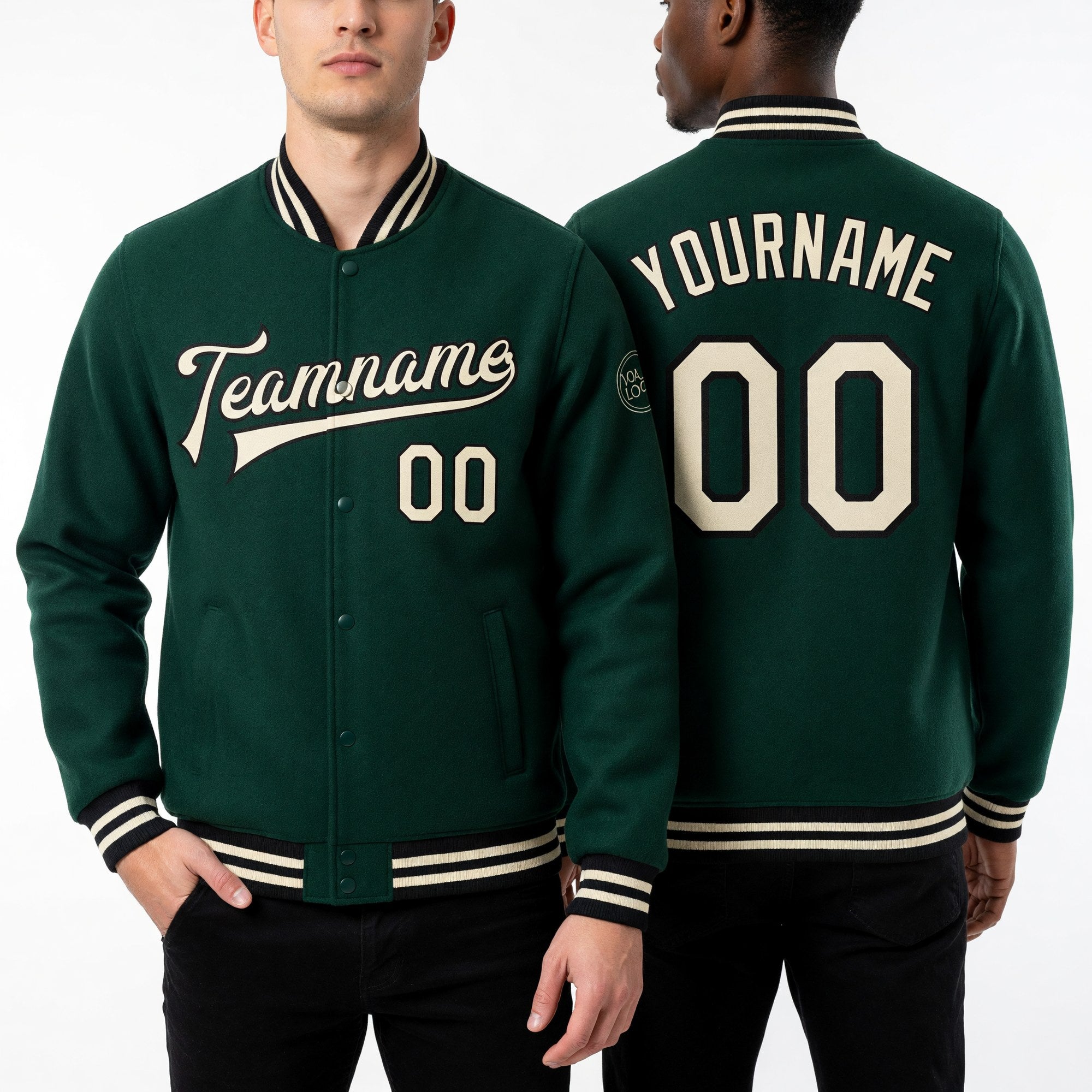 Custom Green Cream-Black Bomber Full-Snap Varsity Letterman Jacket worn front and back