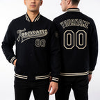 Custom Black Black-Cream Bomber Full-Snap Varsity Letterman Jacket worn front and back
