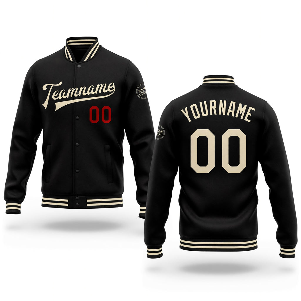 Custom Black Cream-Red Bomber Full-Snap Varsity Letterman Jacket
