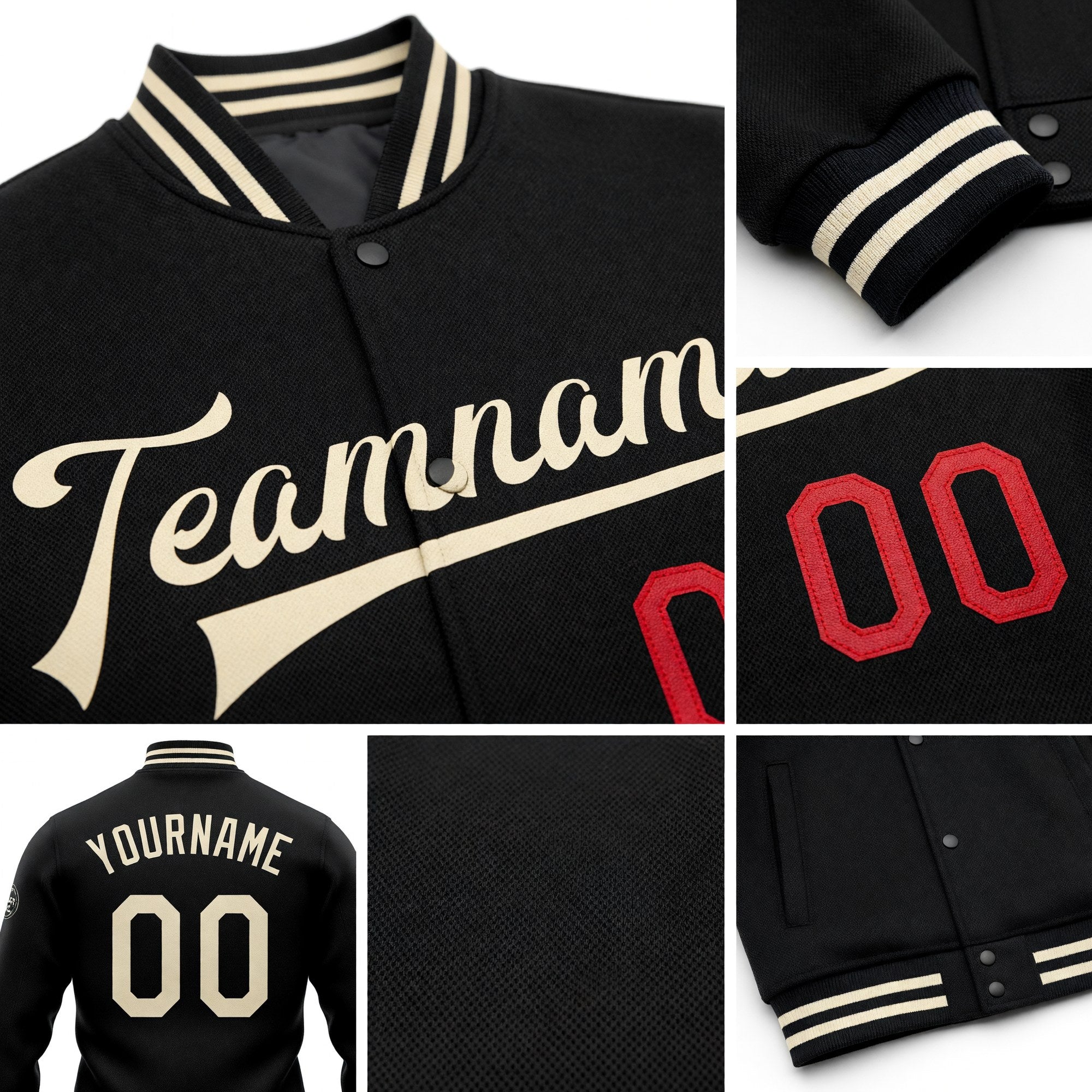 Custom Black Cream-Red Bomber Full-Snap Varsity Letterman Jacket detail
