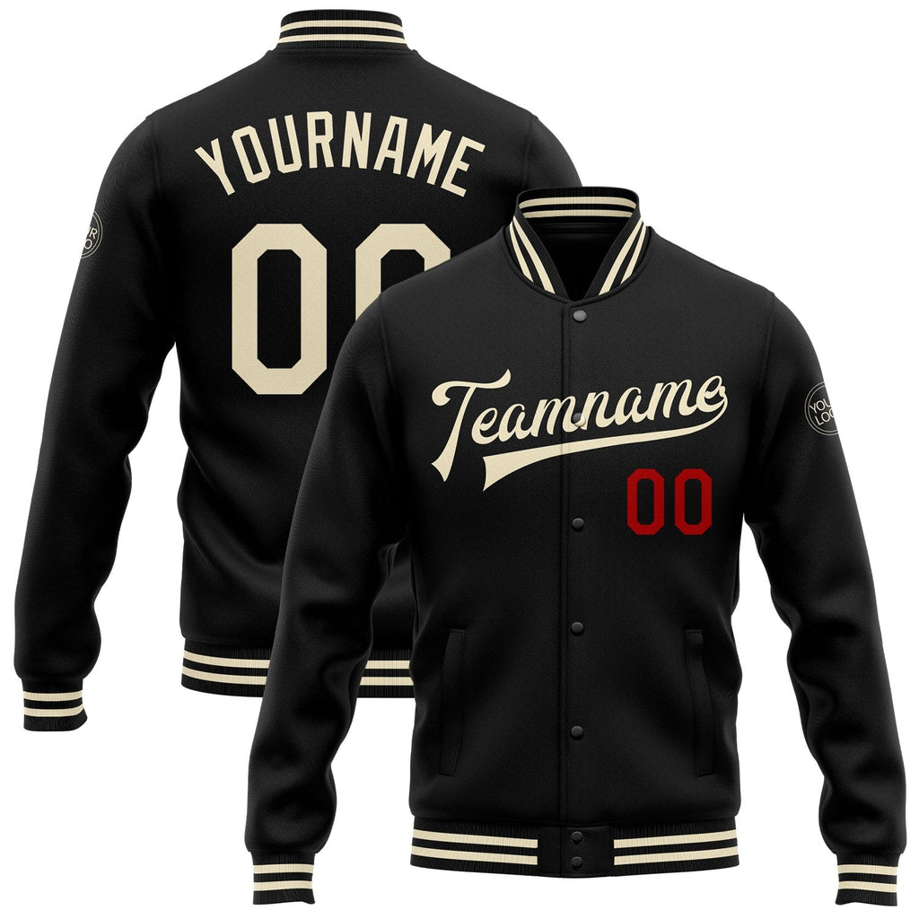 Custom Black Cream-Red Bomber Full-Snap Varsity Letterman Jacket photo 1
