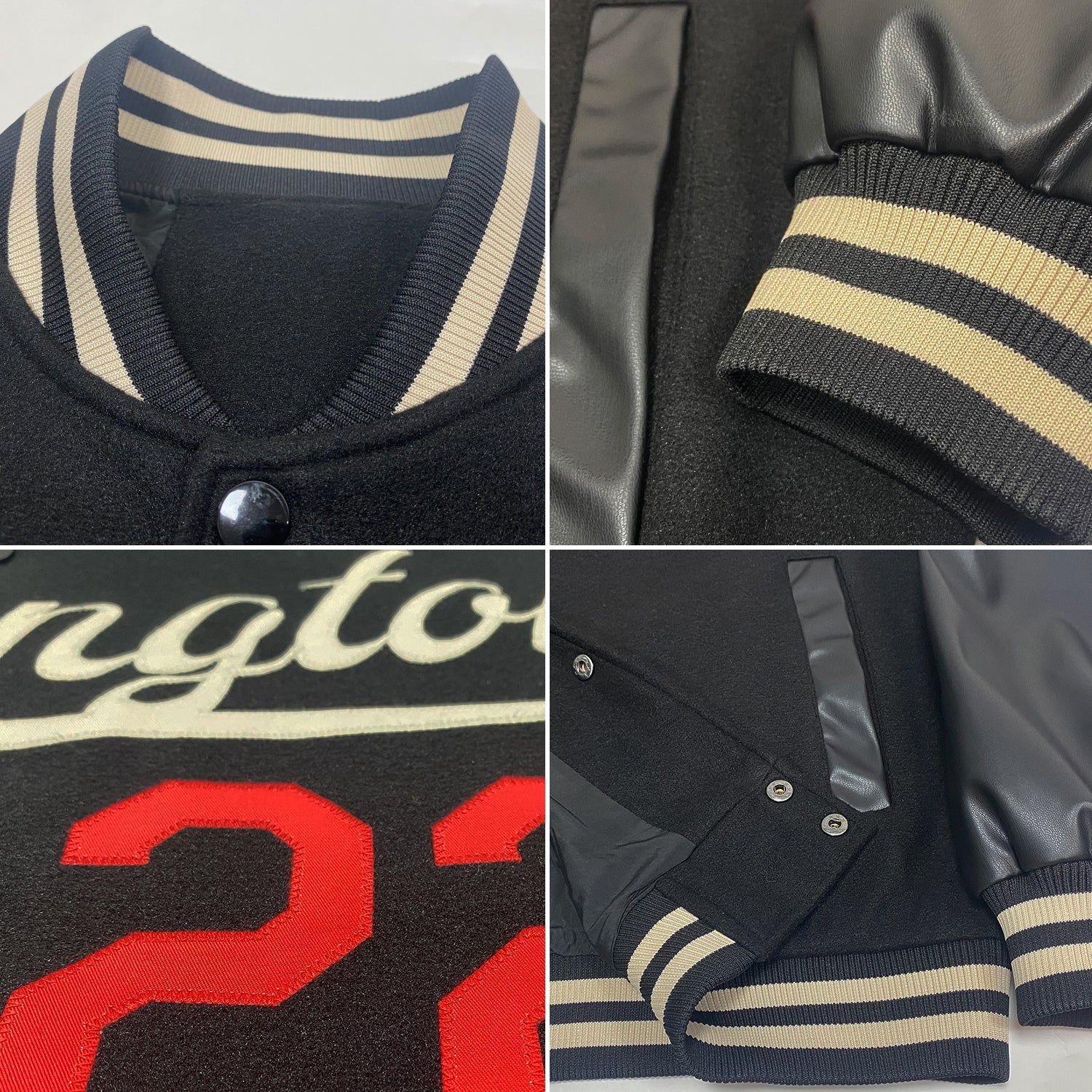 Custom Black Cream-Red Bomber Full-Snap Varsity Letterman Jacket photo 4