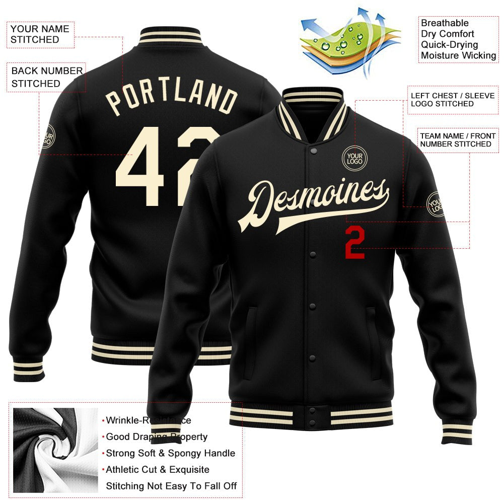 Custom Black Cream-Red Bomber Full-Snap Varsity Letterman Jacket photo 5