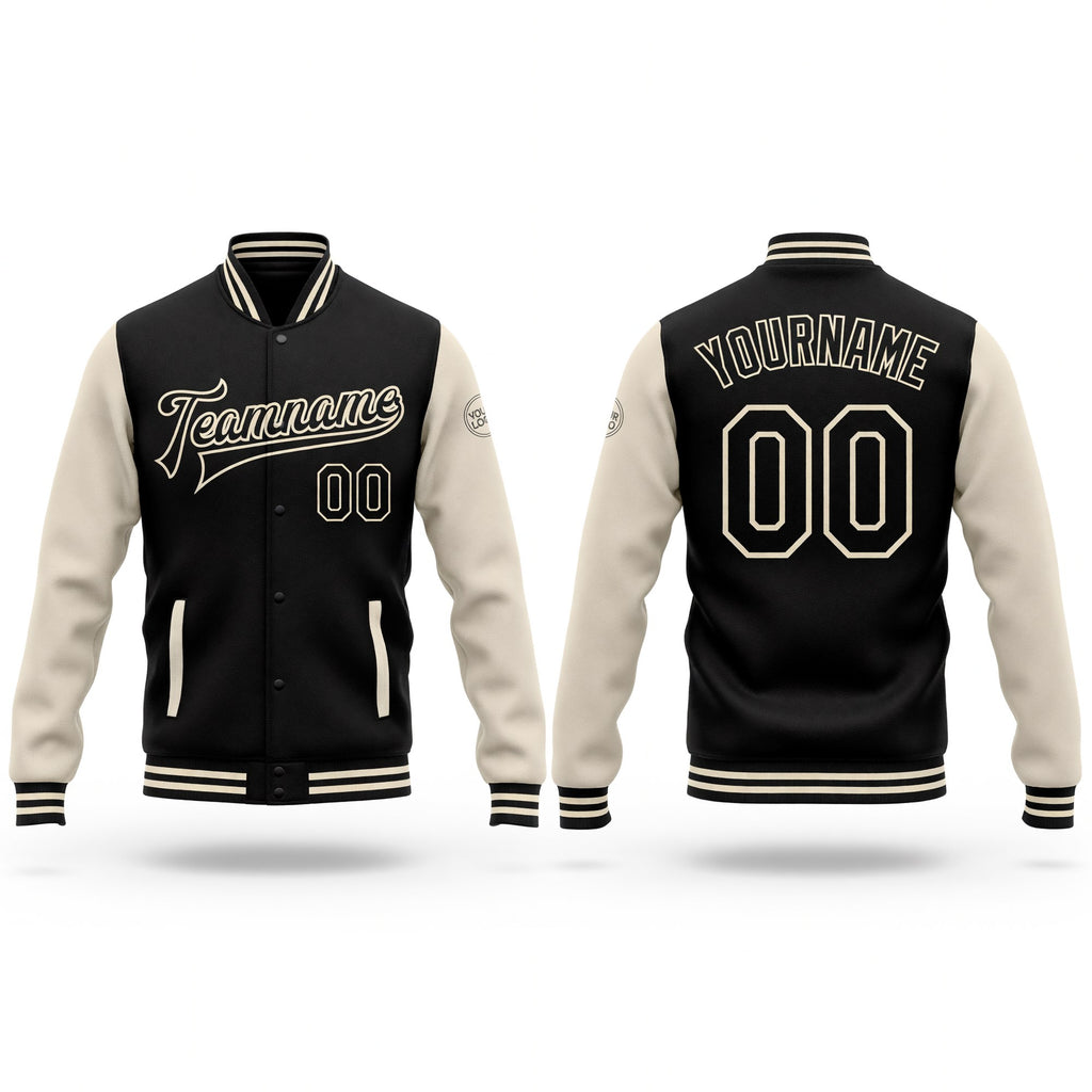 Custom Black Black-Cream Bomber Full-Snap Varsity Letterman Two Tone Jacket