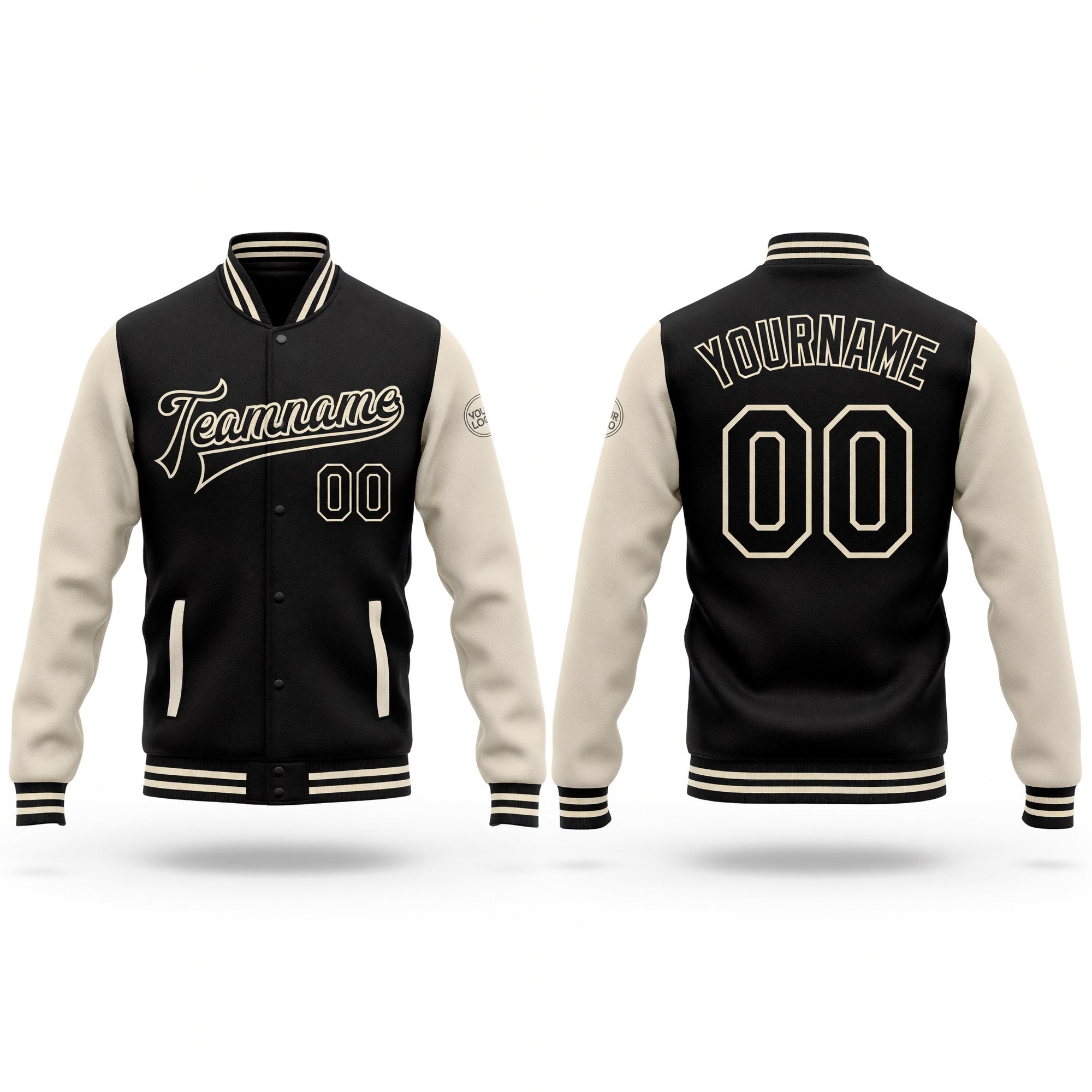 Custom Black Black-Cream Bomber Full-Snap Varsity Letterman Two Tone Jacket