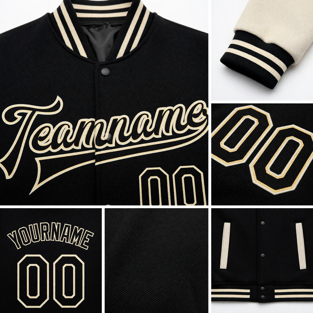Custom Black Black-Cream Bomber Full-Snap Varsity Letterman Two Tone Jacket detail