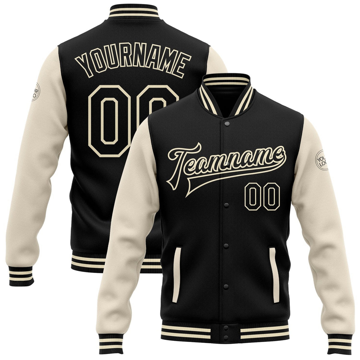 Custom Black Black-Cream Bomber Full-Snap Varsity Letterman Two Tone Jacket photo 1