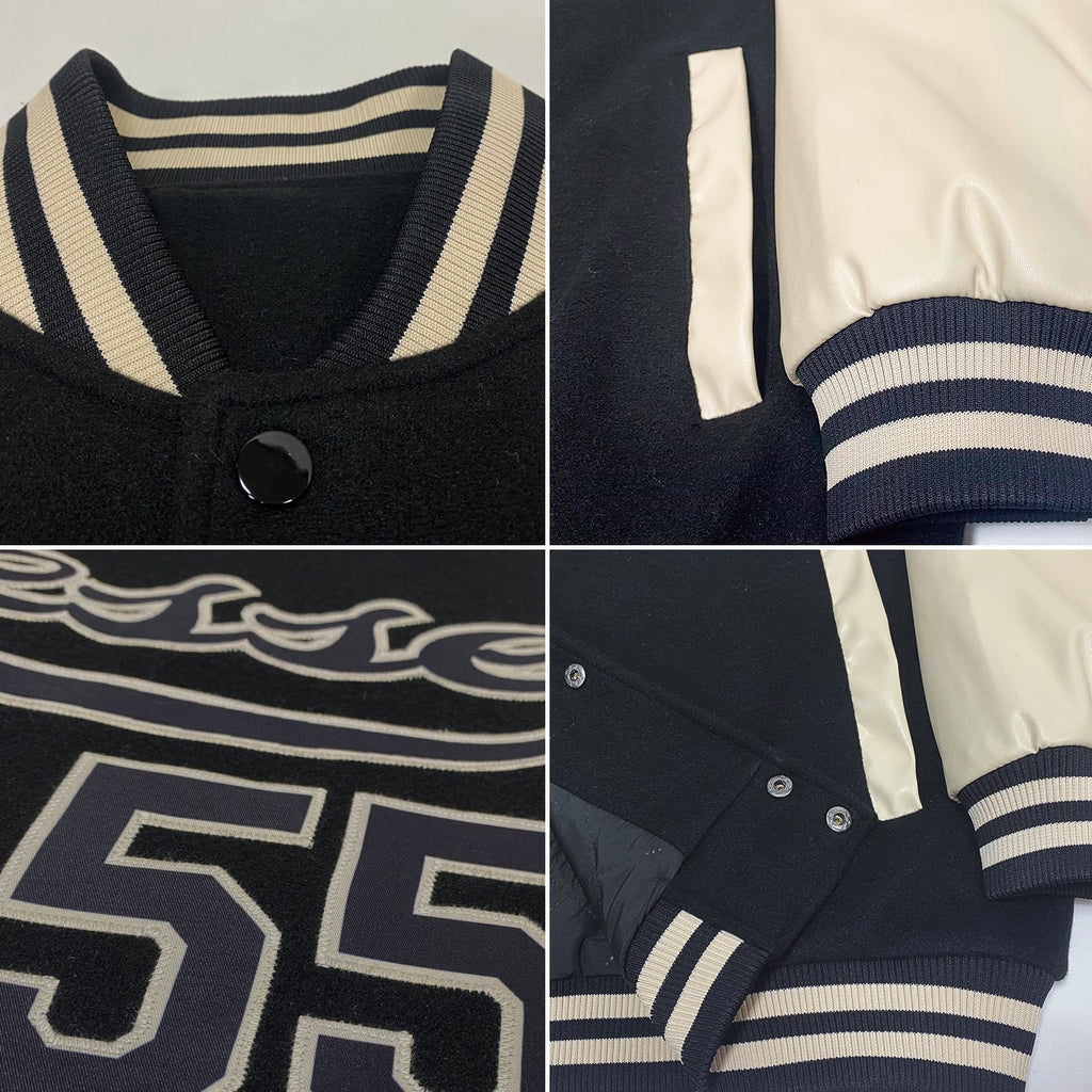 Custom Black Black-Cream Bomber Full-Snap Varsity Letterman Two Tone Jacket photo 4