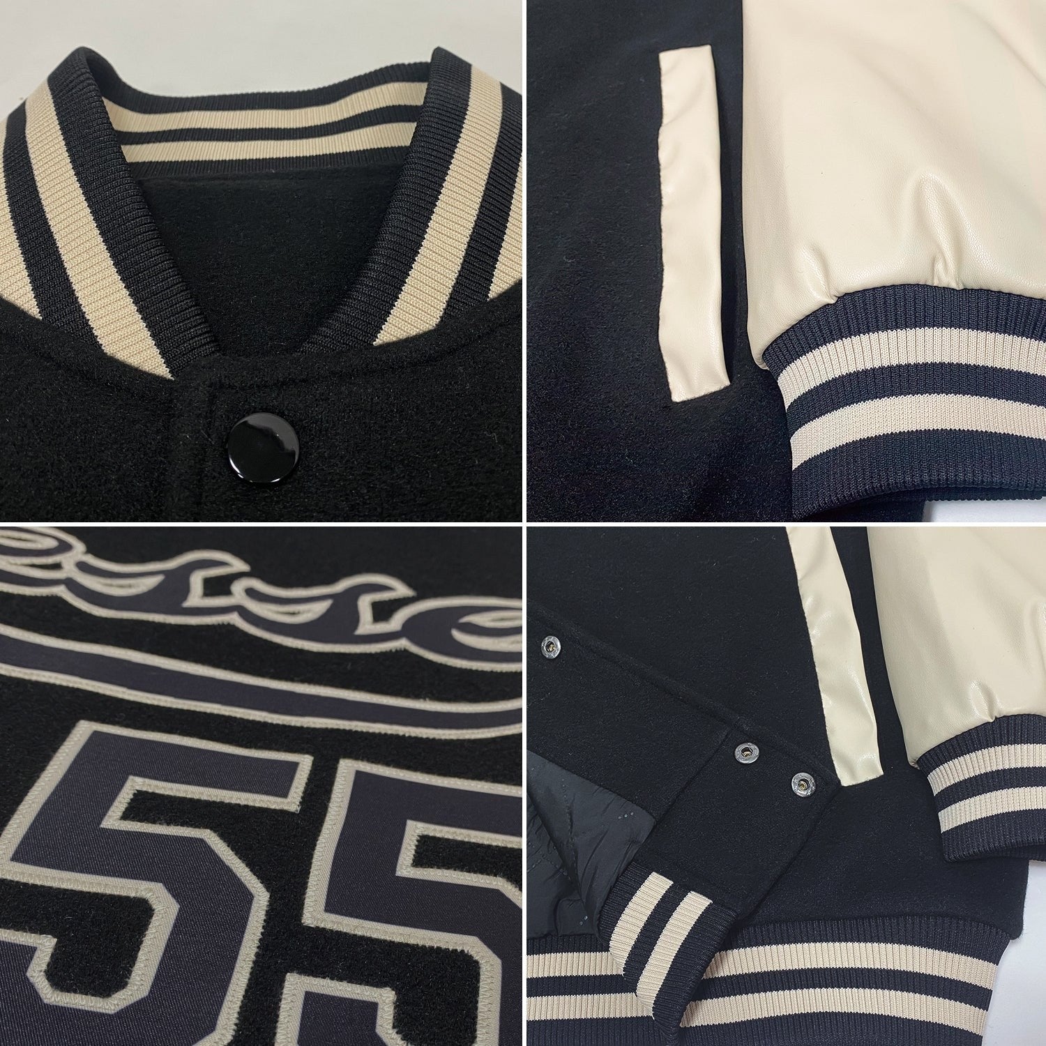 Custom Black Black-Cream Bomber Full-Snap Varsity Letterman Two Tone Jacket photo 4