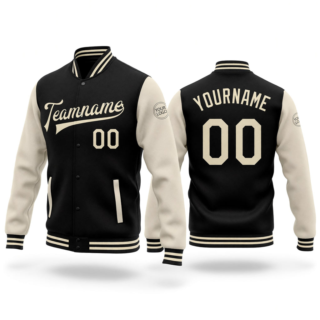 Custom Black Cream Bomber Full-Snap Varsity Letterman Two Tone Jacket