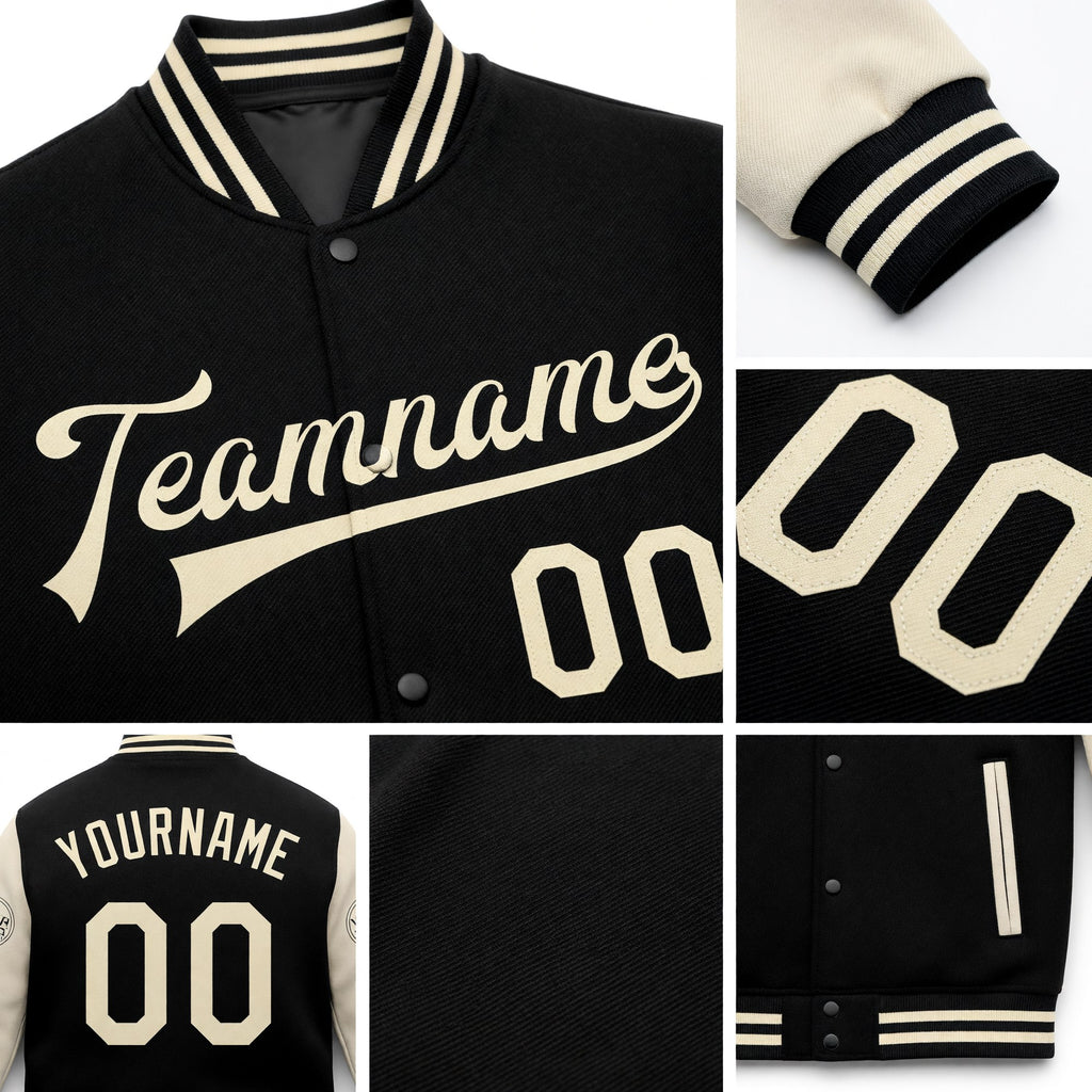 Custom Black Cream Bomber Full-Snap Varsity Letterman Two Tone Jacket detail