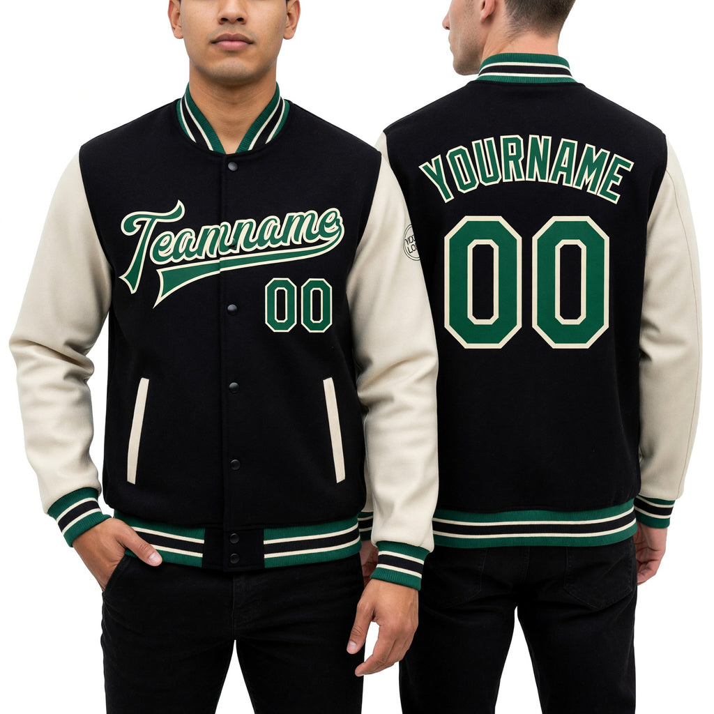 Custom Black Kelly Green-Cream Bomber Full-Snap Varsity Letterman Two Tone Jacket worn front and back