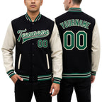 Custom Black Kelly Green-Cream Bomber Full-Snap Varsity Letterman Two Tone Jacket worn front and back