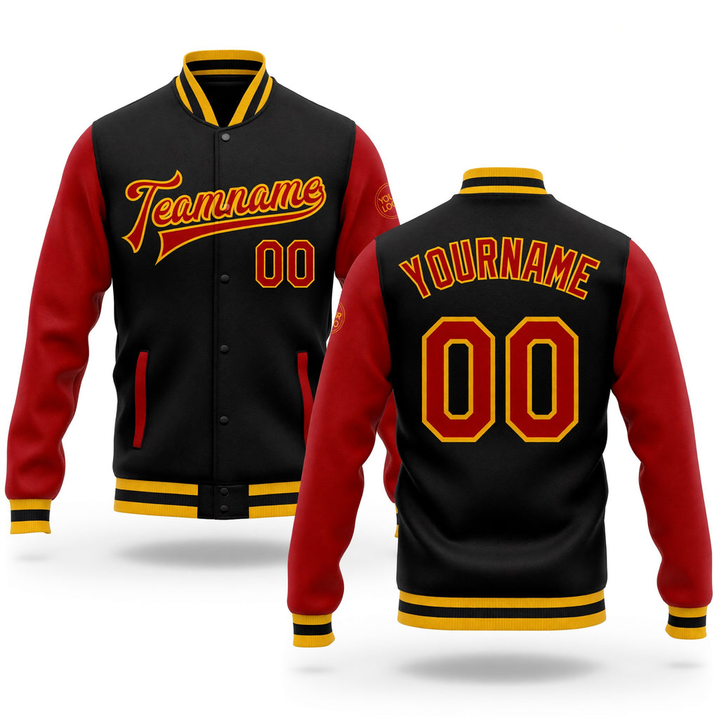Custom Black Red-Gold Bomber Full-Snap Varsity Letterman Two Tone Jacket