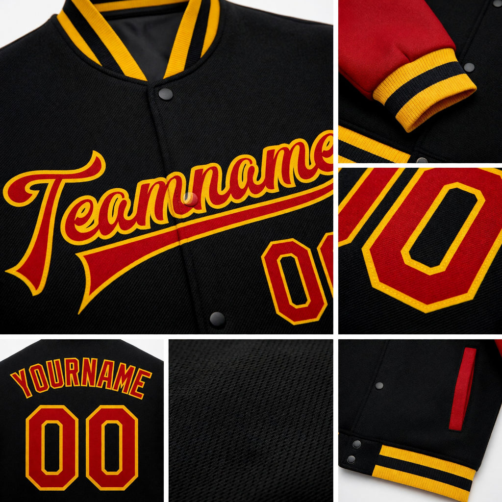 Custom Black Red-Gold Bomber Full-Snap Varsity Letterman Two Tone Jacket detail
