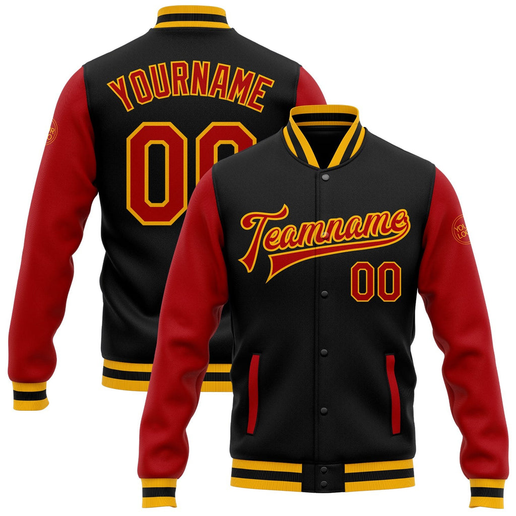 Custom Black Red-Gold Bomber Full-Snap Varsity Letterman Two Tone Jacket photo 1