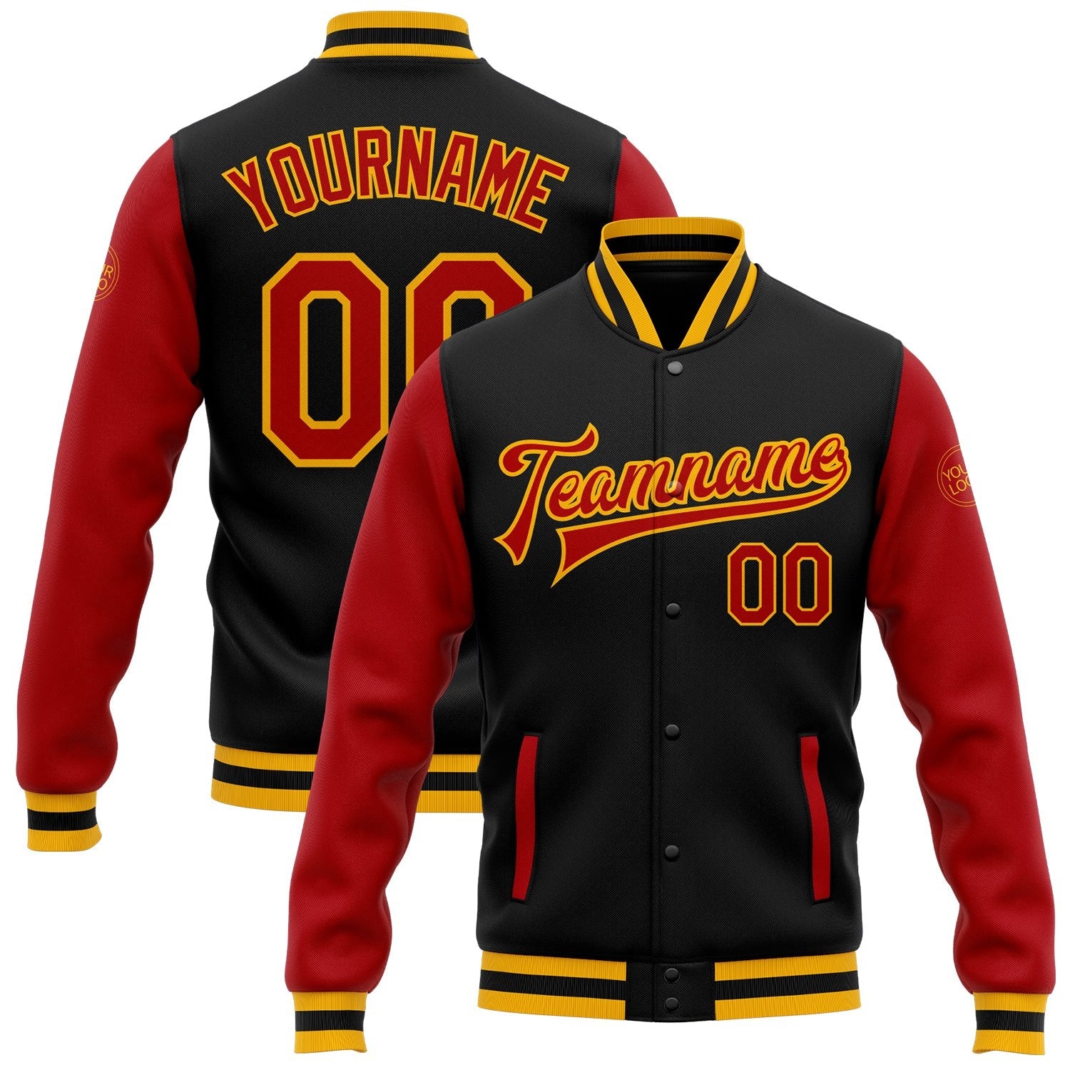 Custom Black Red-Gold Bomber Full-Snap Varsity Letterman Two Tone Jacket photo 1