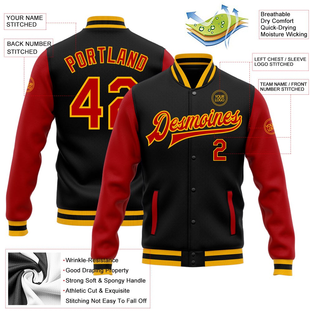 Custom Black Red-Gold Bomber Full-Snap Varsity Letterman Two Tone Jacket photo 5