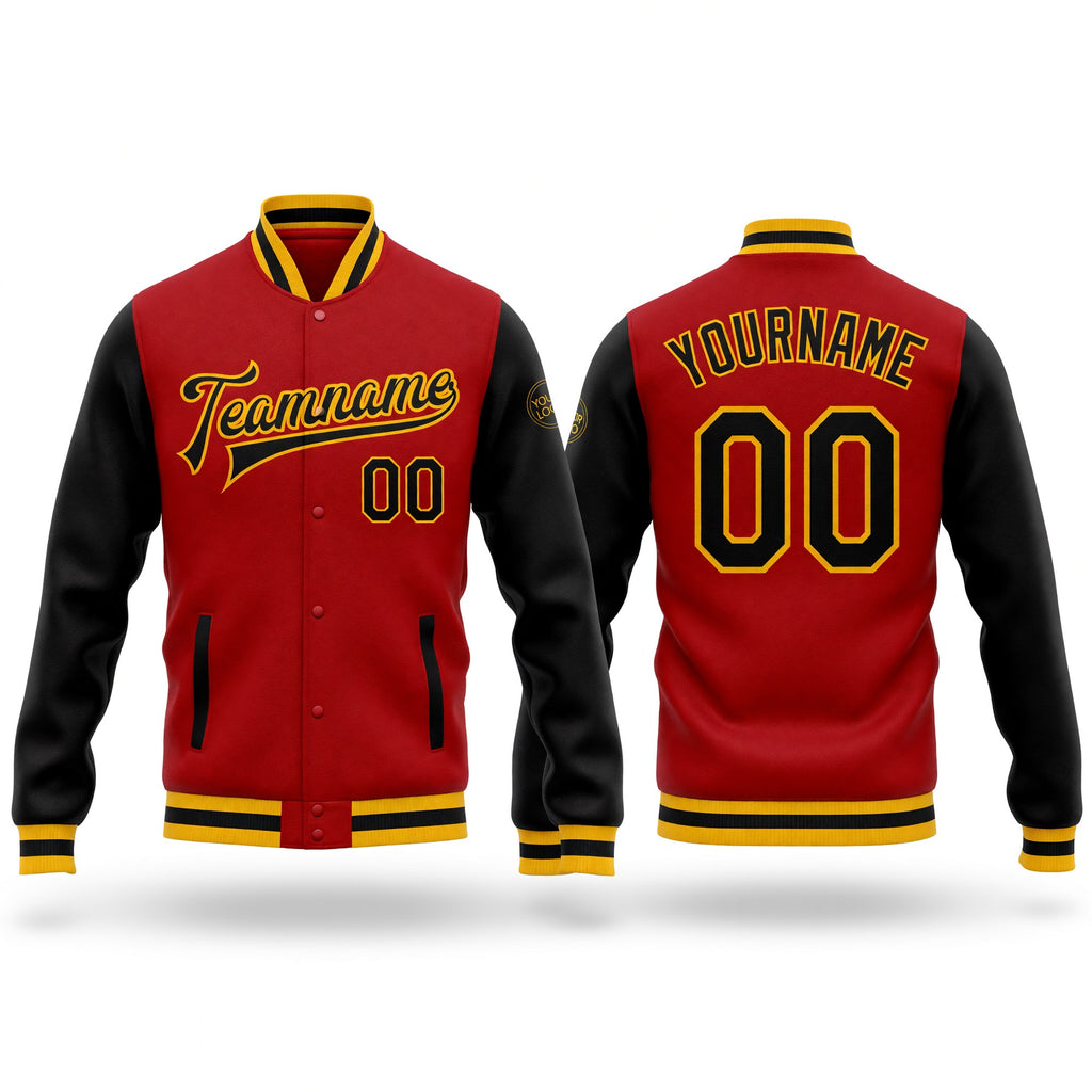 Custom Red Black-Gold Bomber Full-Snap Varsity Letterman Two Tone Jacket