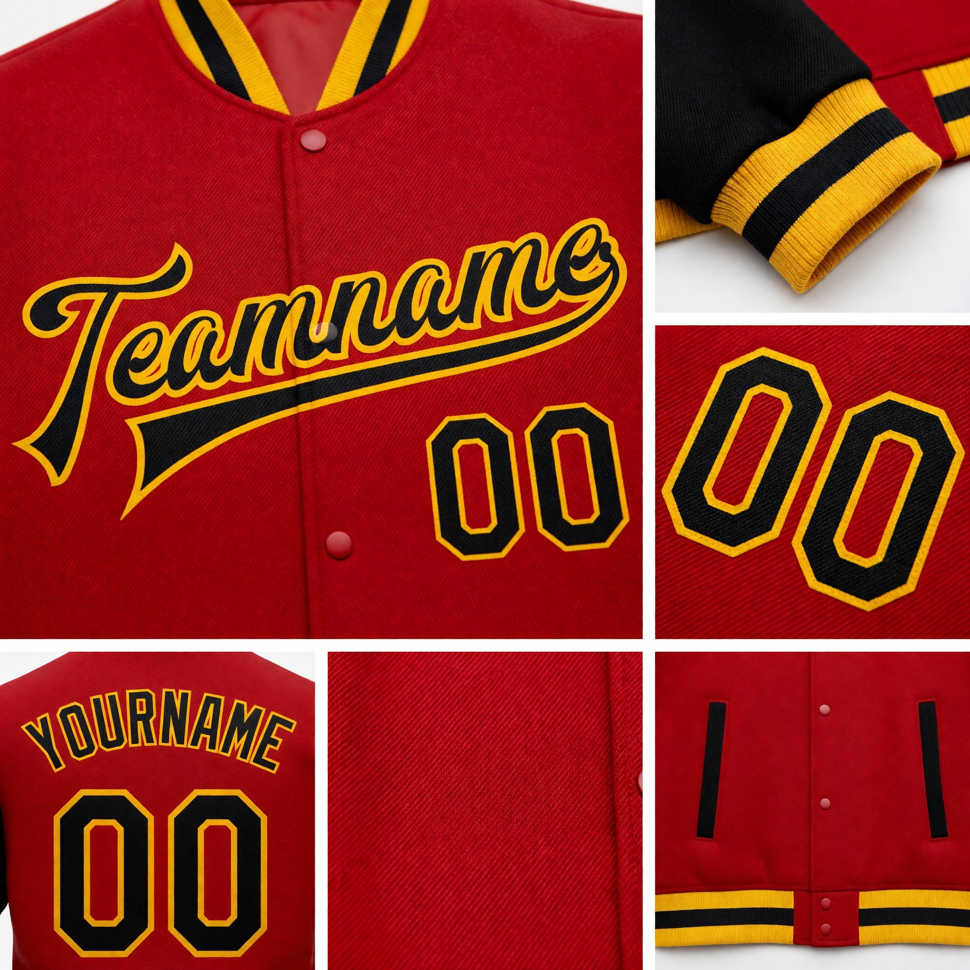 Custom Red Black-Gold Bomber Full-Snap Varsity Letterman Two Tone Jacket detail