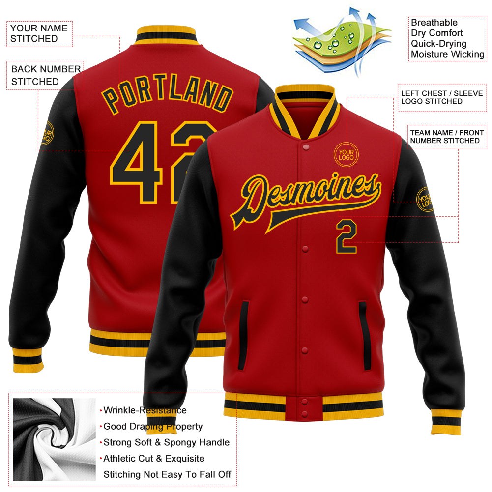 Custom Red Black-Gold Bomber Full-Snap Varsity Letterman Two Tone Jacket photo 5