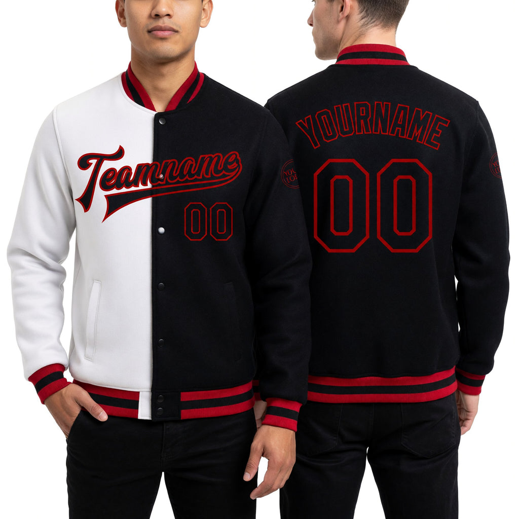 Custom White Black-Red Bomber Full-Snap Varsity Letterman Split Fashion Jacket worn front and back