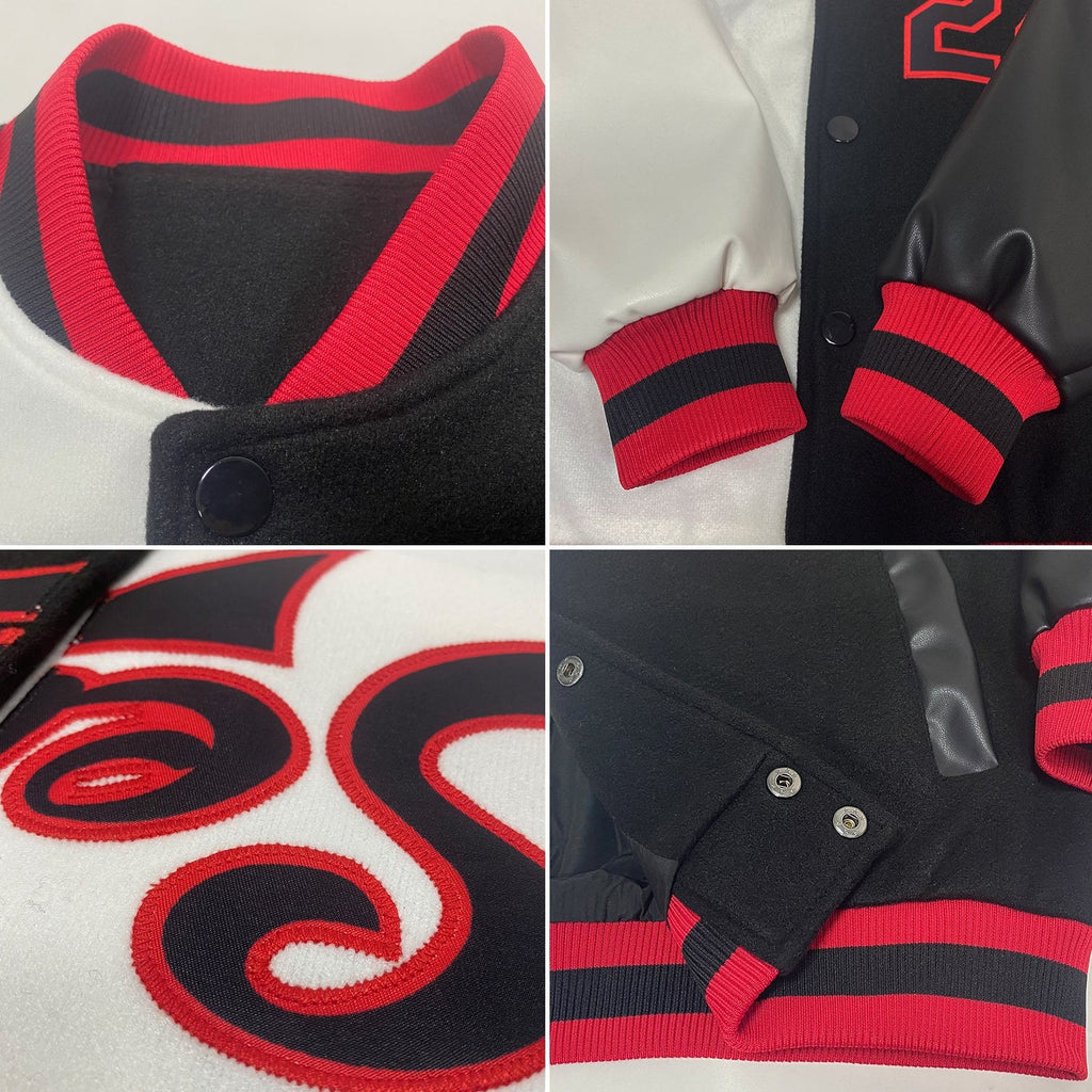 Custom White Black-Red Bomber Full-Snap Varsity Letterman Split Fashion Jacket photo 4
