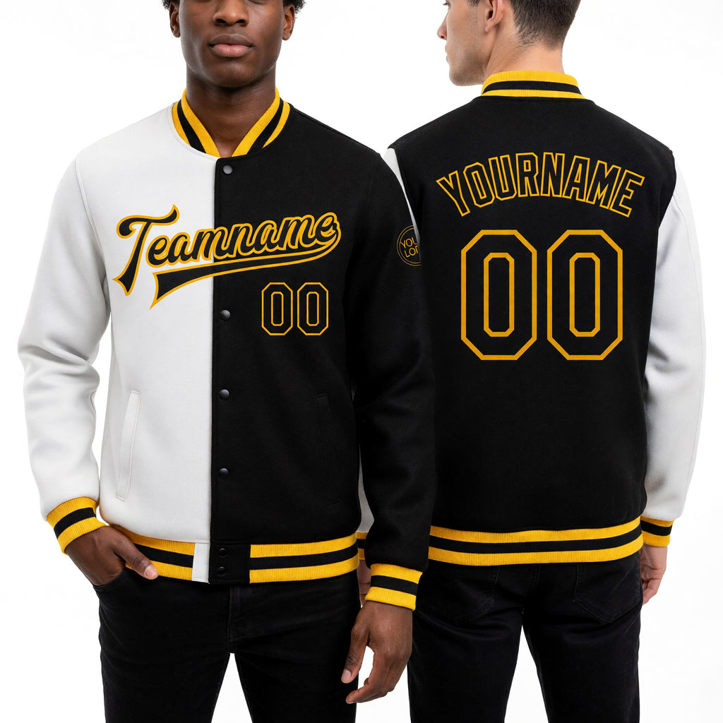 Custom White Black-Gold Bomber Full-Snap Varsity Letterman Split Fashion Jacket worn front and back