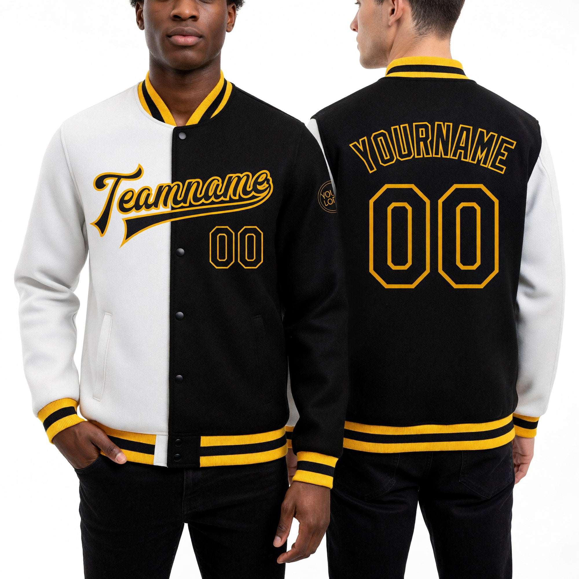 Custom White Black-Gold Bomber Full-Snap Varsity Letterman Split Fashion Jacket worn front and back