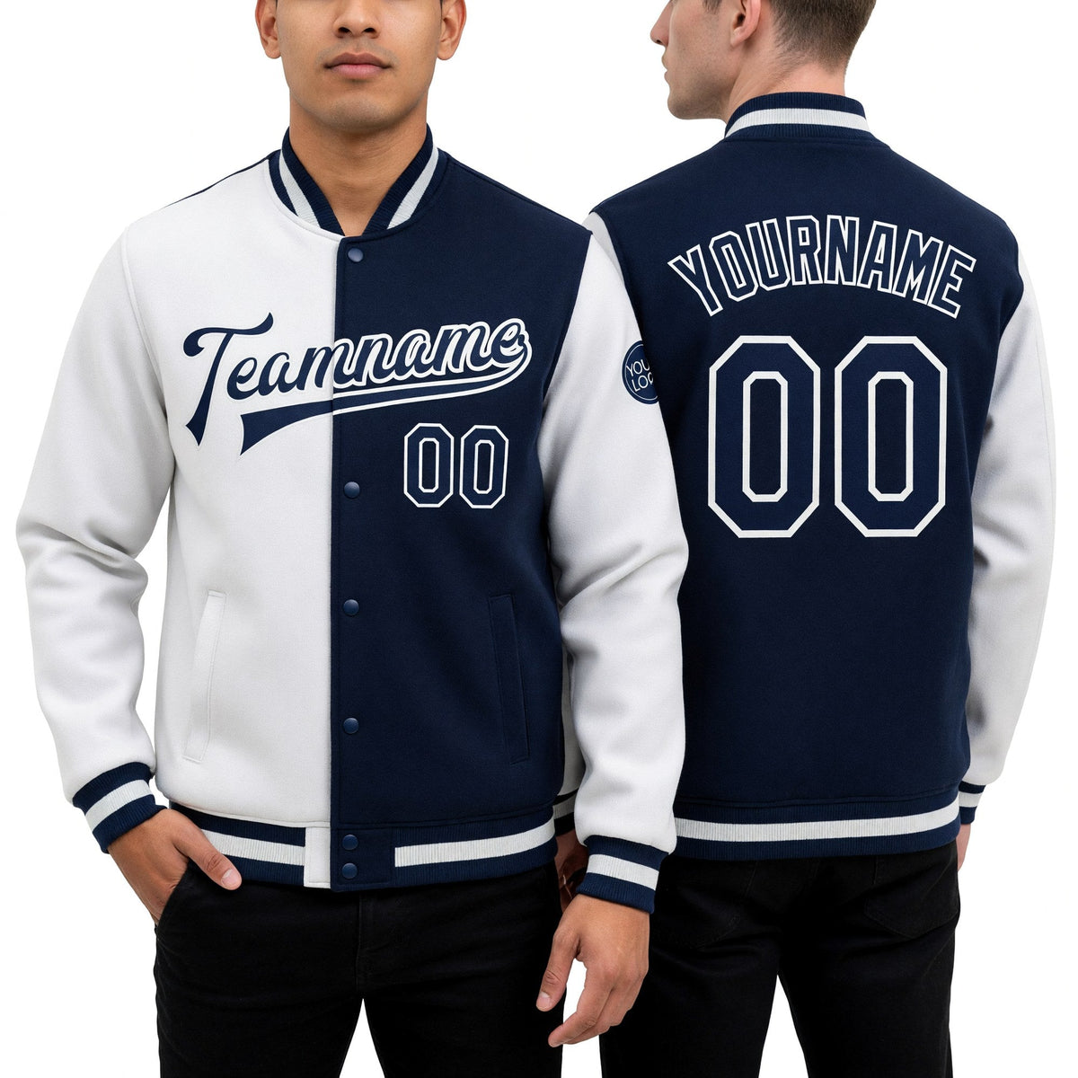 Custom White Navy Bomber Full-Snap Varsity Letterman Split Fashion Jacket worn front and back