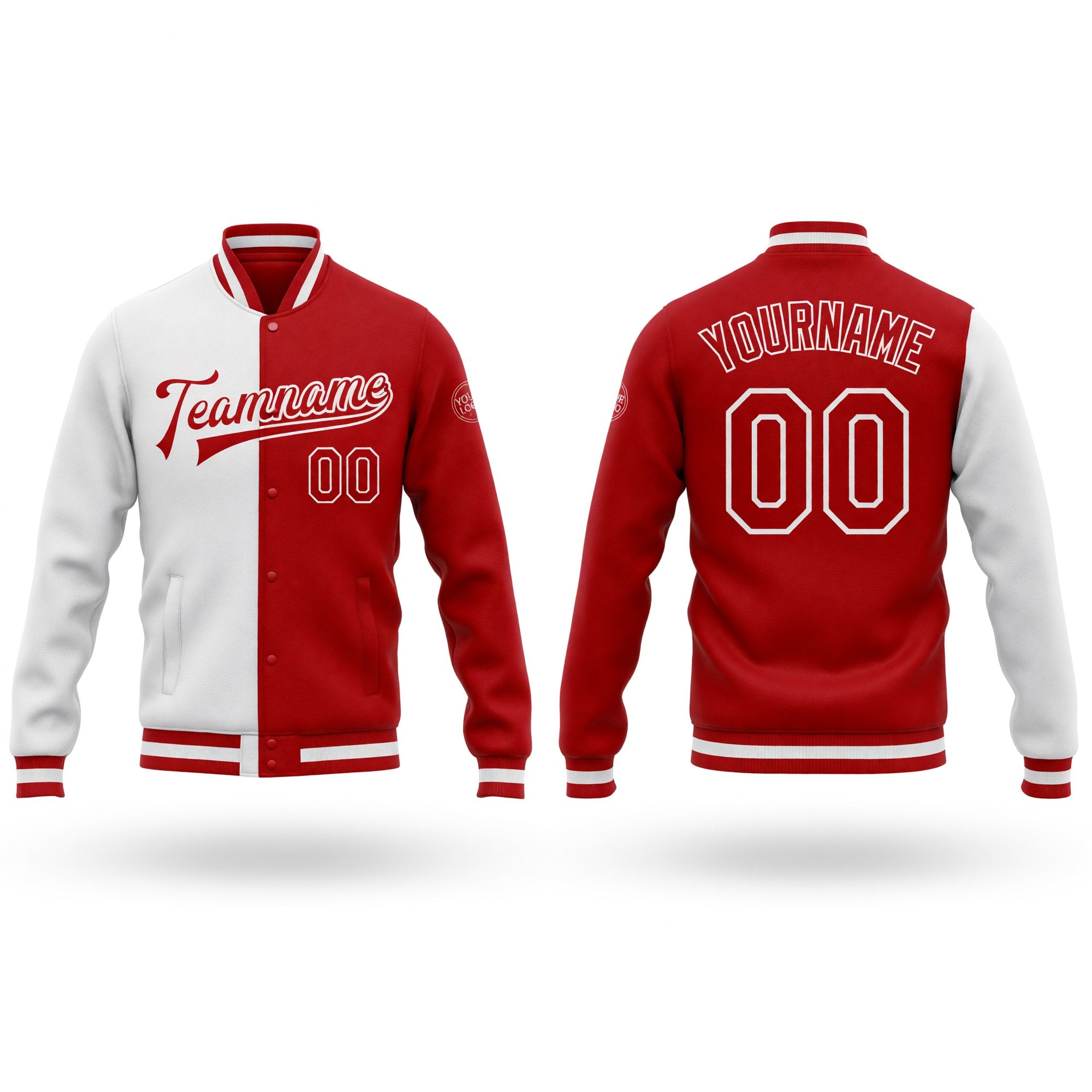 Custom White Red Bomber Full-Snap Varsity Letterman Split Fashion Jacket