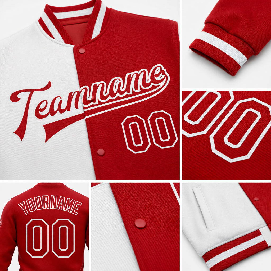 Custom White Red Bomber Full-Snap Varsity Letterman Split Fashion Jacket detail