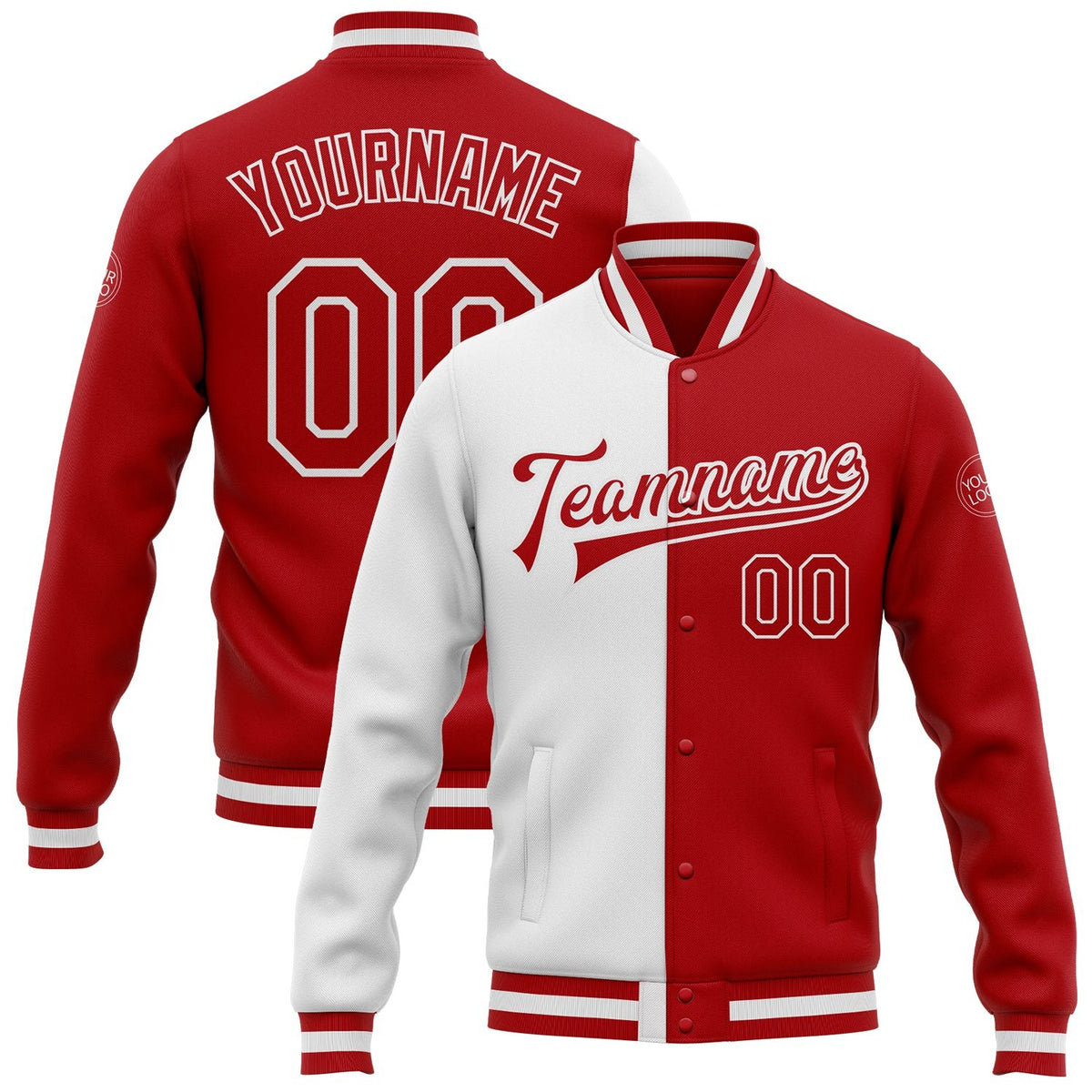 Custom White Red Bomber Full-Snap Varsity Letterman Split Fashion Jacket photo 1