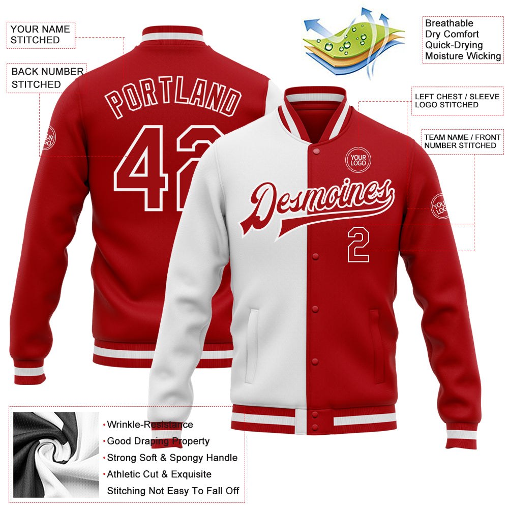 Custom White Red Bomber Full-Snap Varsity Letterman Split Fashion Jacket photo 5