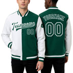 Custom White Kelly Green Bomber Full-Snap Varsity Letterman Split Fashion Jacket worn front and back
