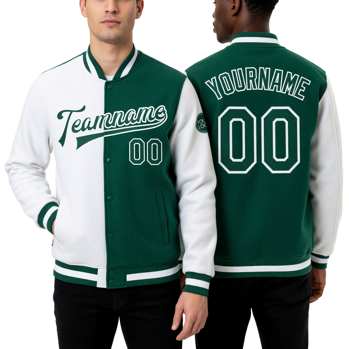 Custom White Kelly Green Bomber Full-Snap Varsity Letterman Split Fashion Jacket worn front and back