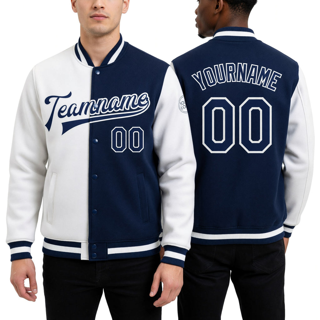 Custom White Royal Bomber Full-Snap Varsity Letterman Split Fashion Jacket worn front and back